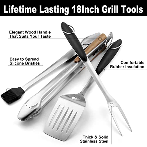 GRILLART BBQ Tools Grill Tools Set - 18Inch Grilling Tools BBQ Set - Grill  Accessories w/BBQ Tongs, Spatula, Fork, Brush - Stainless Grill Kit